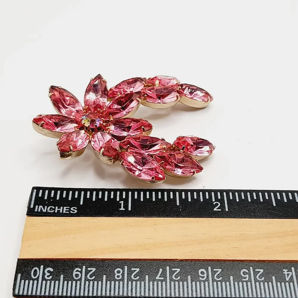 Vintage Pink Rhinestone Floral Spray Brooch AB Center Gold Tone 2.25”